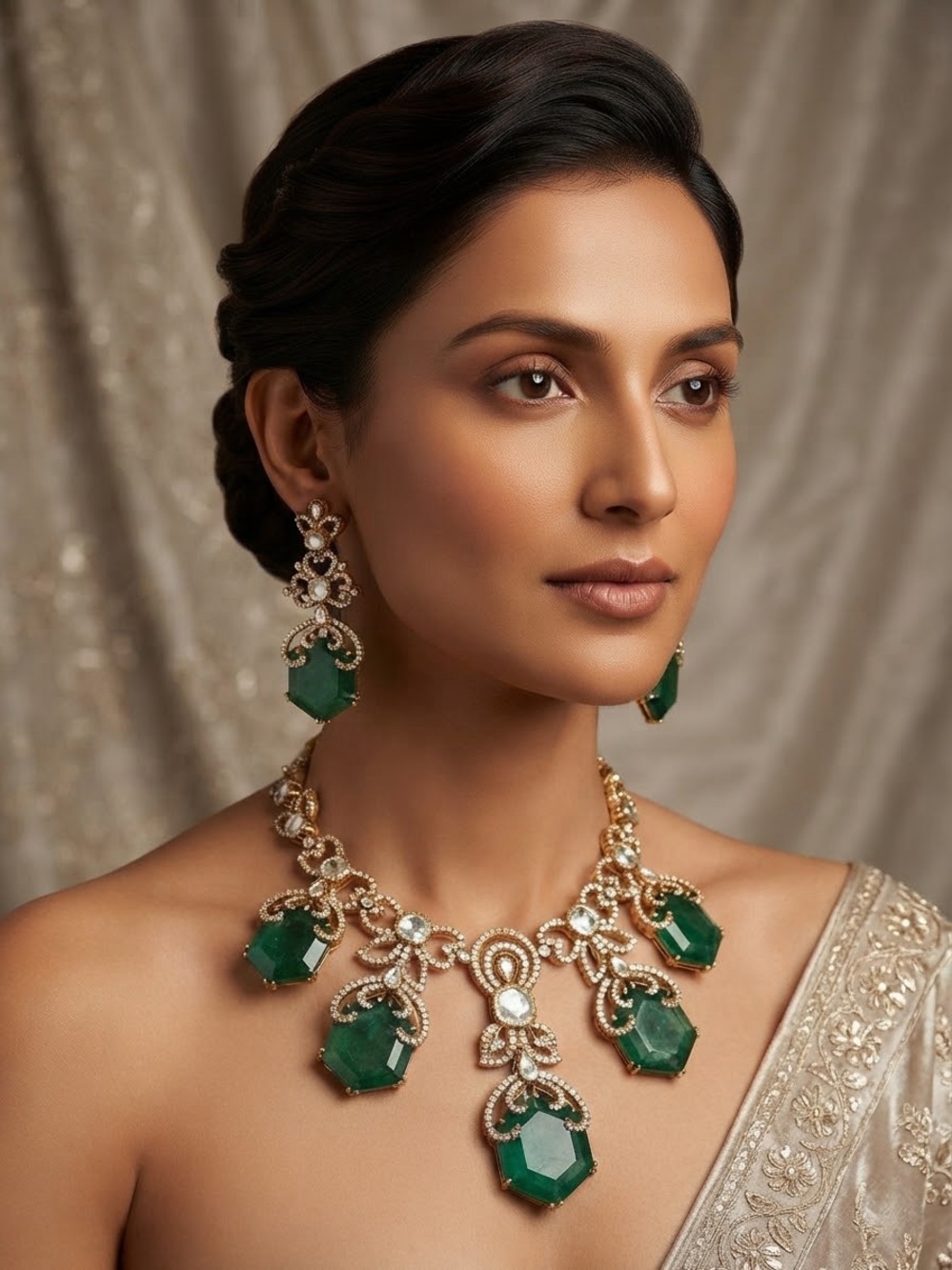 Gold-Tone Statement Necklace with Emerald Green Gem Drops Turkish Set